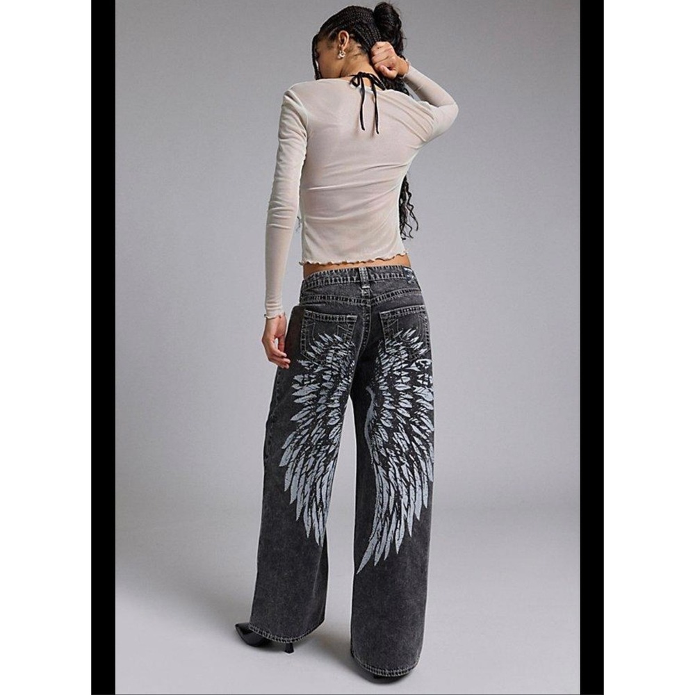 NEW True Religion Jessie Super Baggy Jeans Black Angel Wing Graphic Wide Leg 30